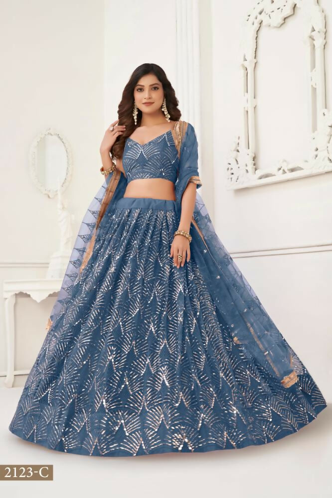 Aastha Fashion More Peach Butterfly Net Tone To Tone Thread Work, Sequence Work And Original Mirror Work Embroidery Wedding Wear Lehenga Choli