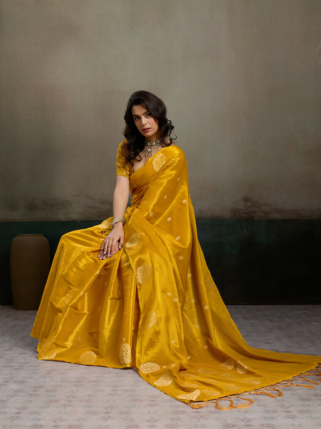 Shree Shyam Fashion Mustard Yellow Tissue Silk Saree