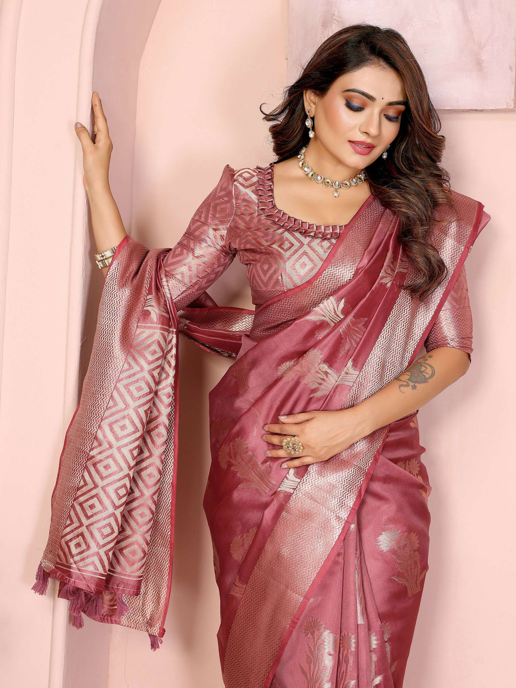 Aastha Fashion Dusty Rose Soft Organza Silk Weaving Saree