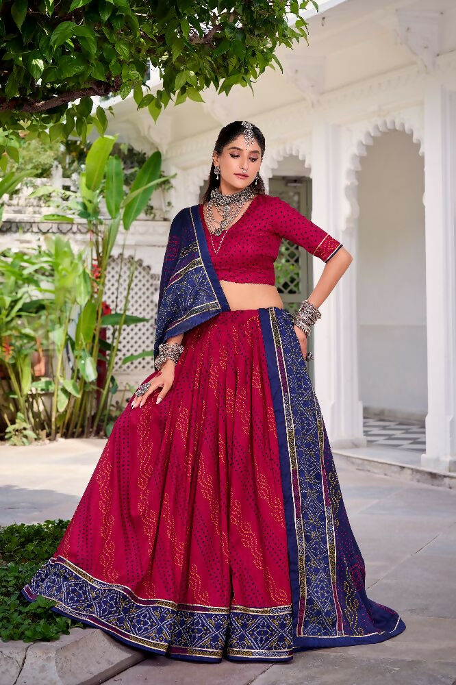 Evanik Pink Tassa Silk With Bandhej Print Lehenga Choli