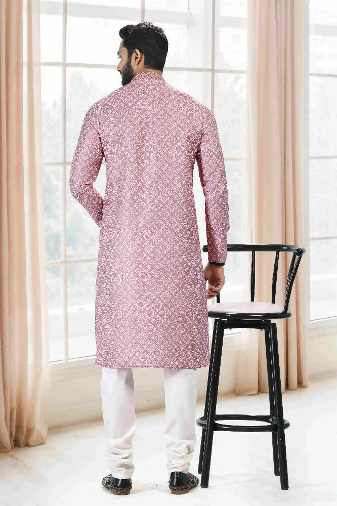 Raivat Ethnic Cotton Thread Work Kurta Pajama In Baby Pink Colour