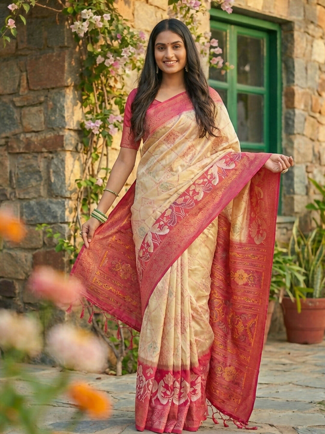 Shree Shyam Fashion Cream Pochampally Silk Saree