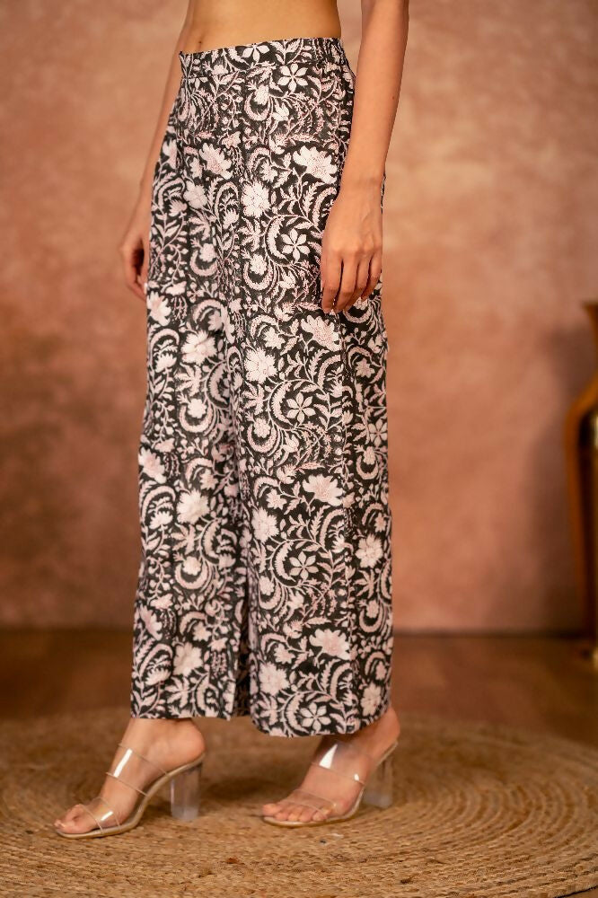 Joban Fashion Black Floral Hand Block Printed Cotton Kurta Pant Set