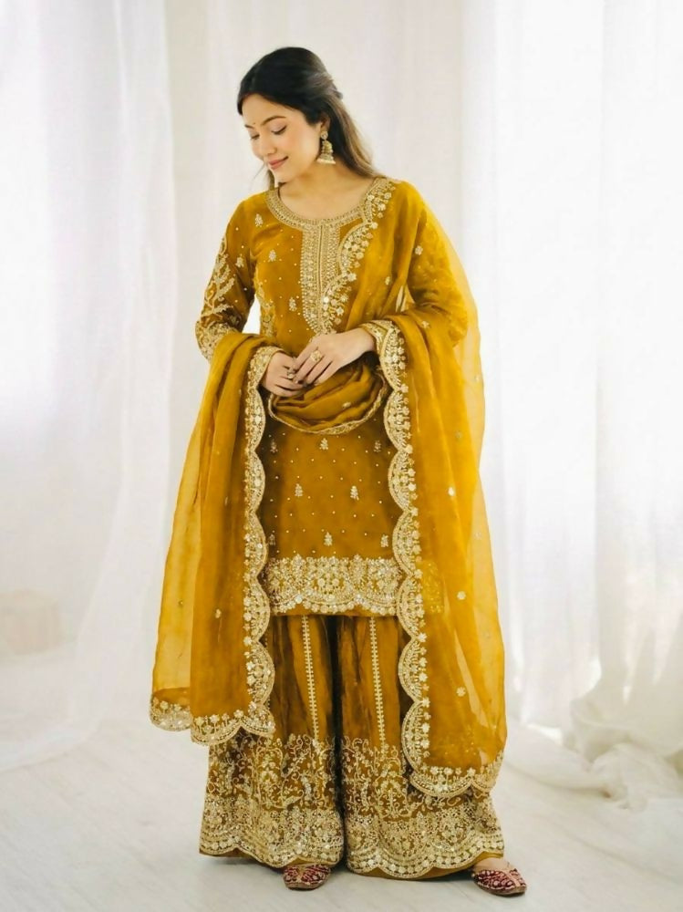 Teeya Creation Yellow Color Fendy Silk Embroidery Work Wedding Wear Salwar Suit