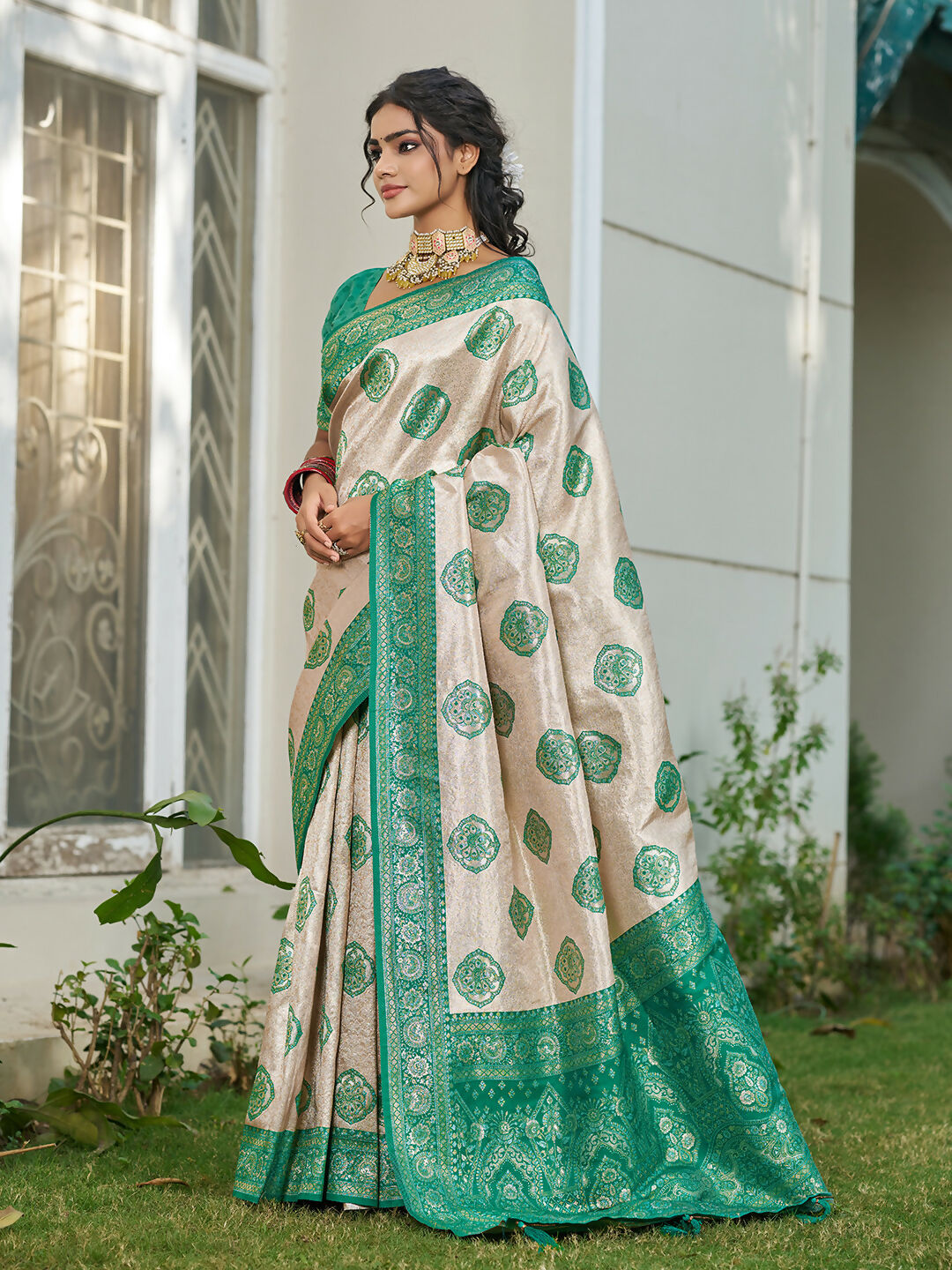 Shree Shyam Fashion Cream With Sea Green Silk Blend Saree