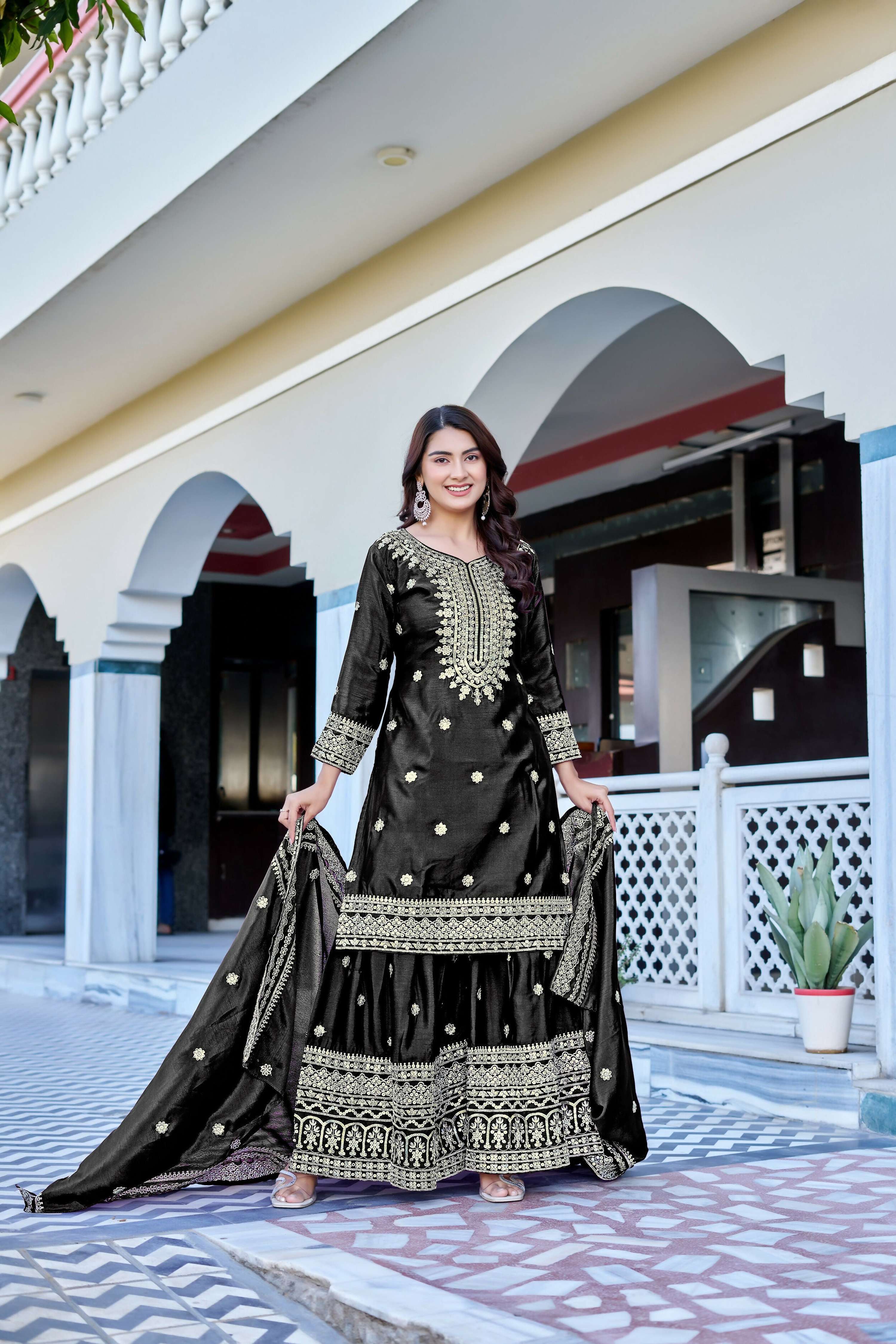 Teeya Creation Black Color Chinon Silk Heavy Embroidery Work Wedding Wear Sharara