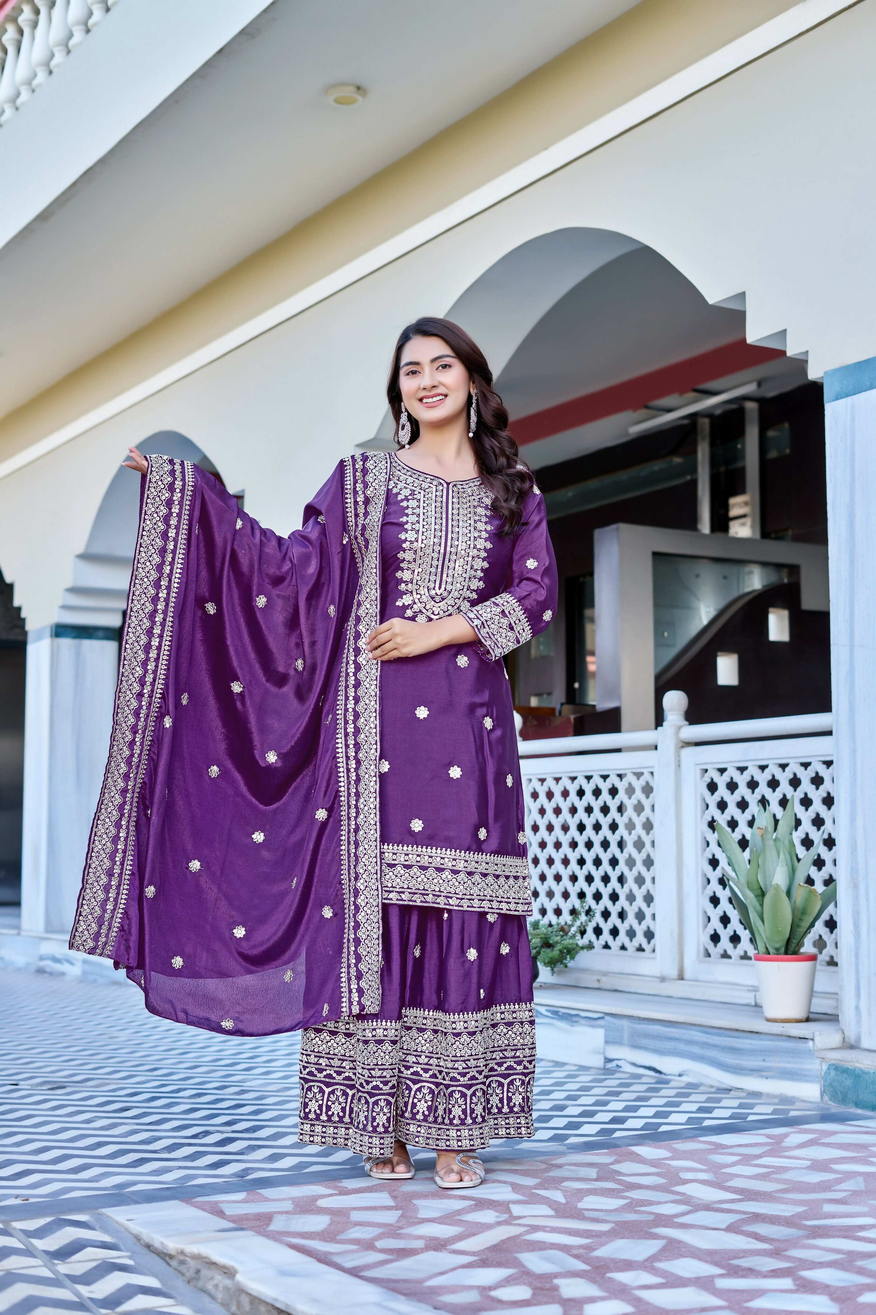 Teeya Creation Wine Color Chinon Silk Heavy Embroidery Work Wedding Wear Sharara