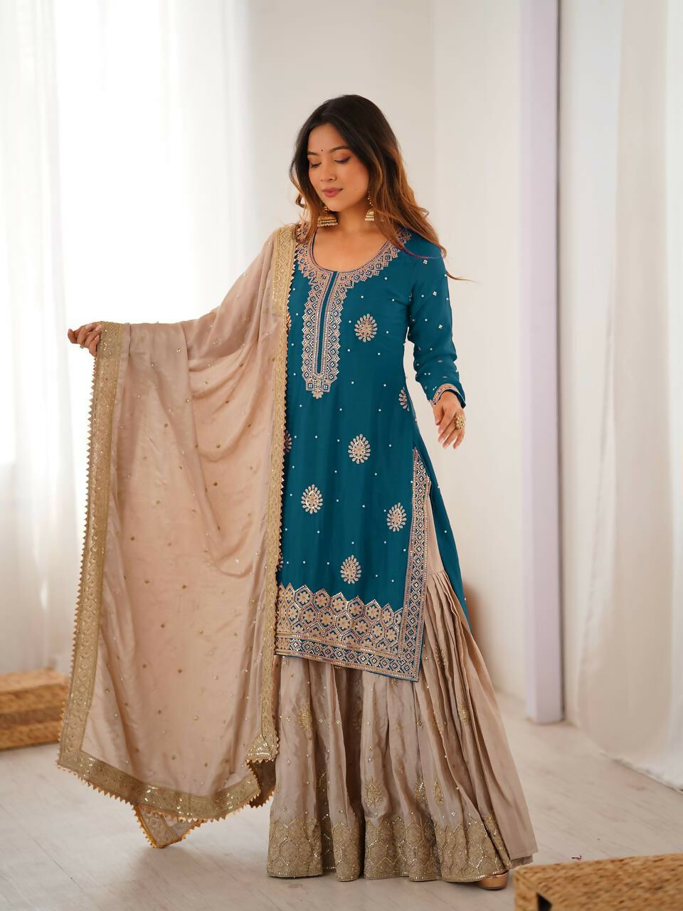 Lehenga Mart Designer Sharara Suit With Kurta, Sharara, Dupatta For Women-Teal Blue