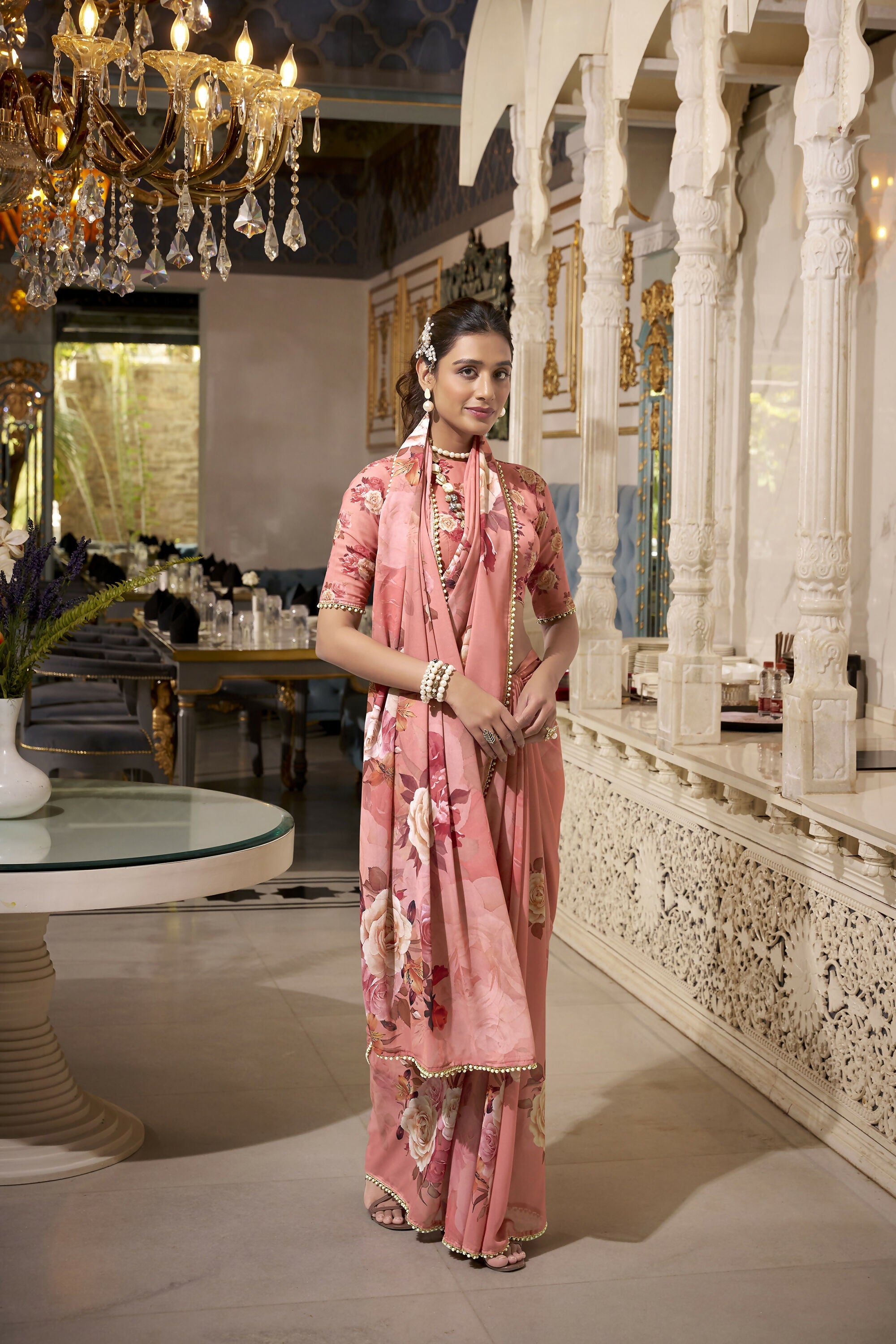 Vastranavya Orange Spectacular Georgette Printed with Pearl Lace Saree with Unstitched Blouse