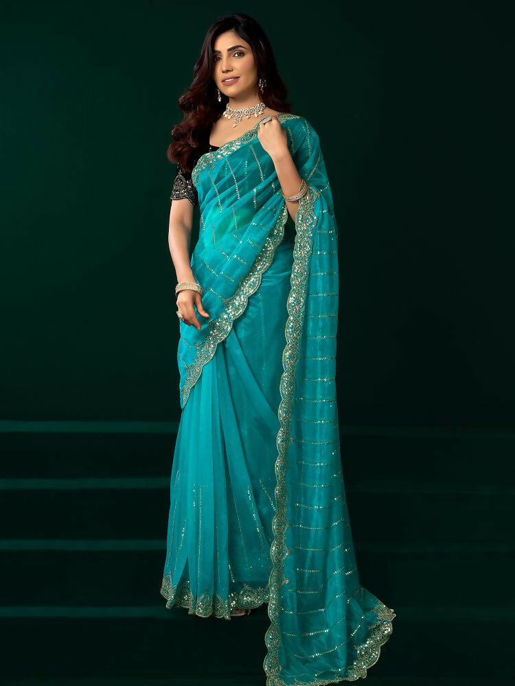 Joban Fashion Turquoise Blue Net Party Wear Sarees