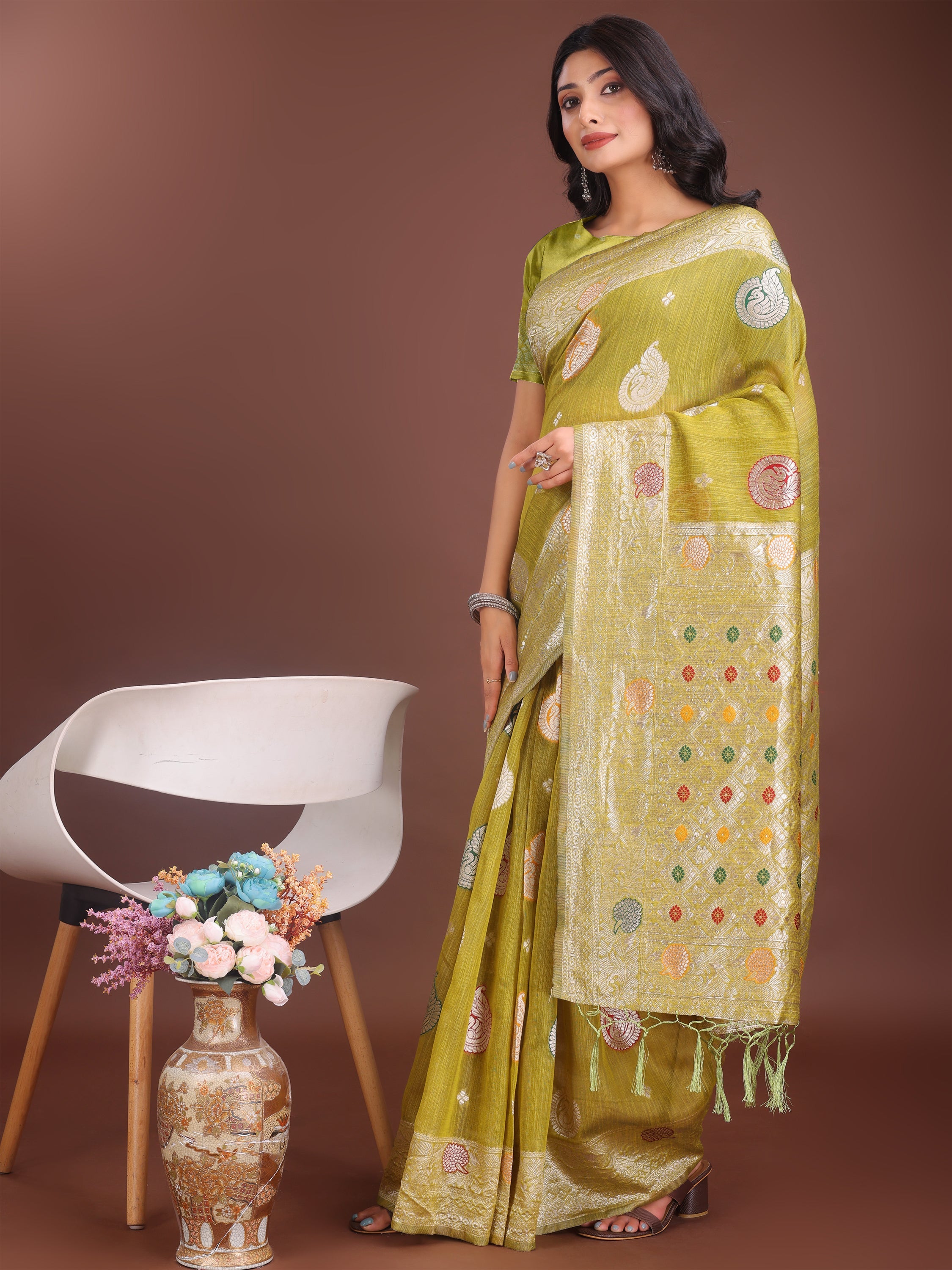 Anaita Mustard Linen Cotton With Jacquard Work And Zari Weaving Saree With Blouse