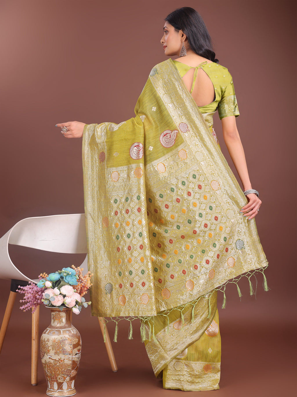 Anaita Mustard Linen Cotton With Jacquard Work And Zari Weaving Saree With Blouse