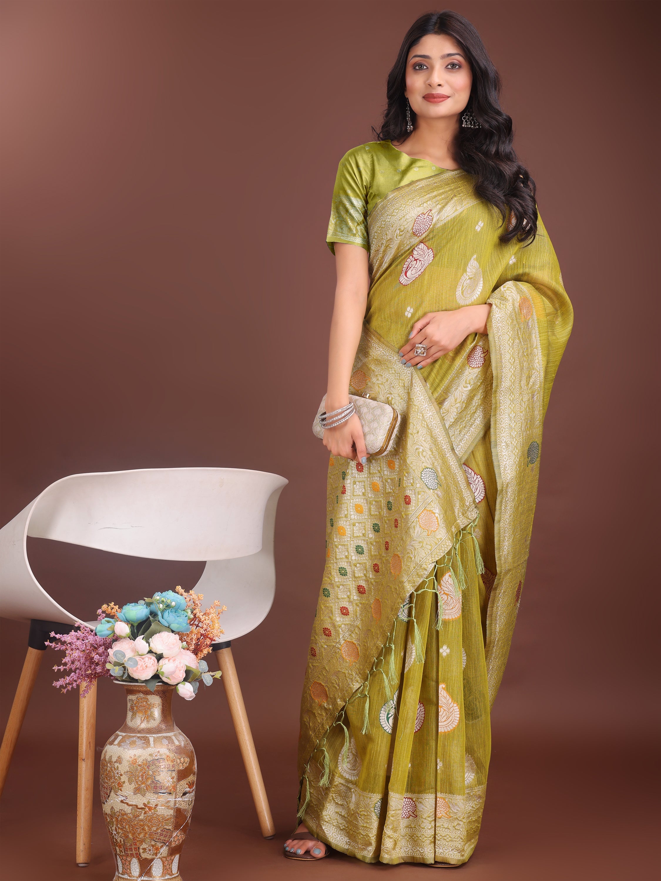 Anaita Mustard Linen Cotton With Jacquard Work And Zari Weaving Saree With Blouse