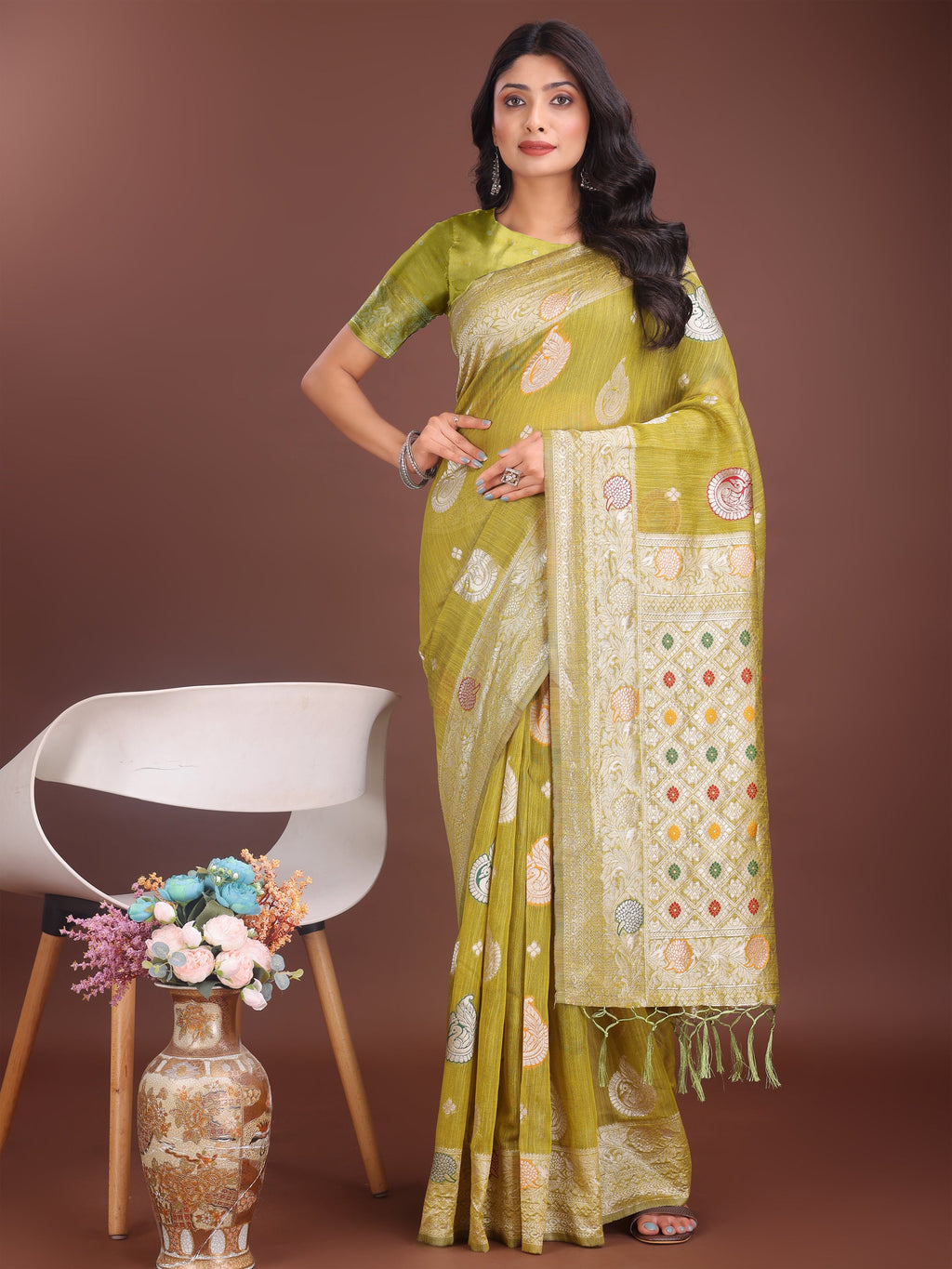 Anaita Mustard Linen Cotton With Jacquard Work And Zari Weaving Saree With Blouse