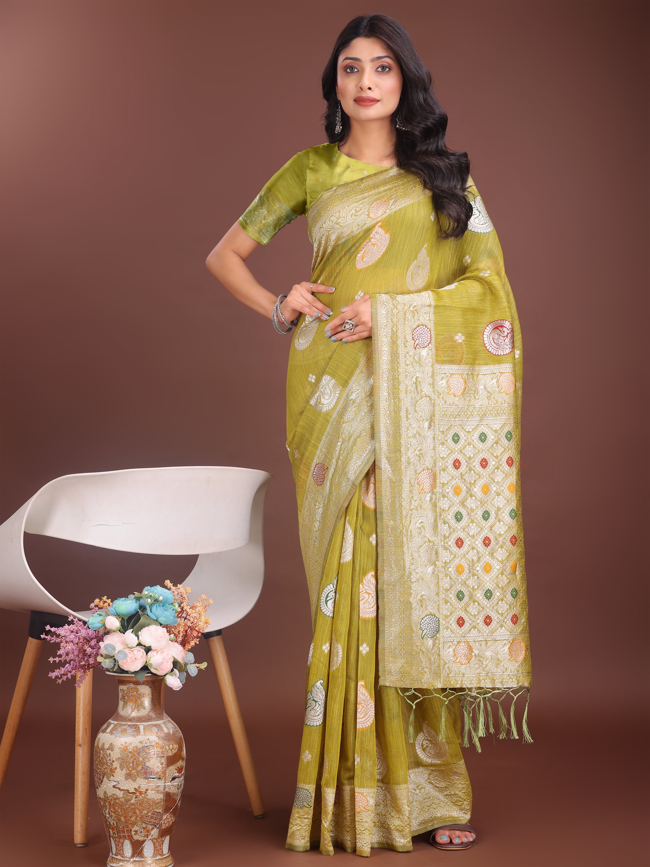 Anaita Mustard Linen Cotton With Jacquard Work And Zari Weaving Saree With Blouse