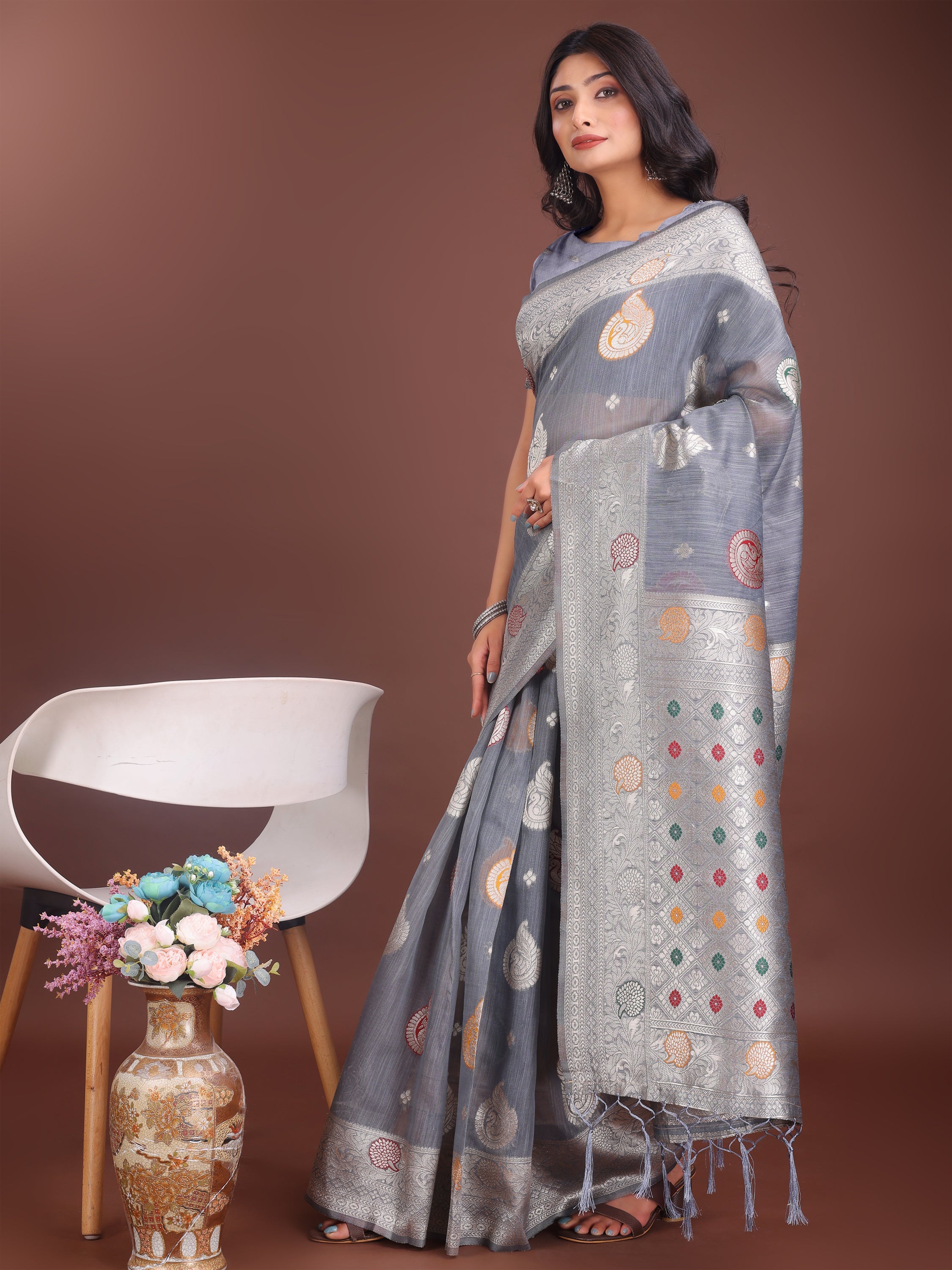 Anaita Grey Linen Cotton With Jacquard Work And Zari Weaving Saree With Blouse