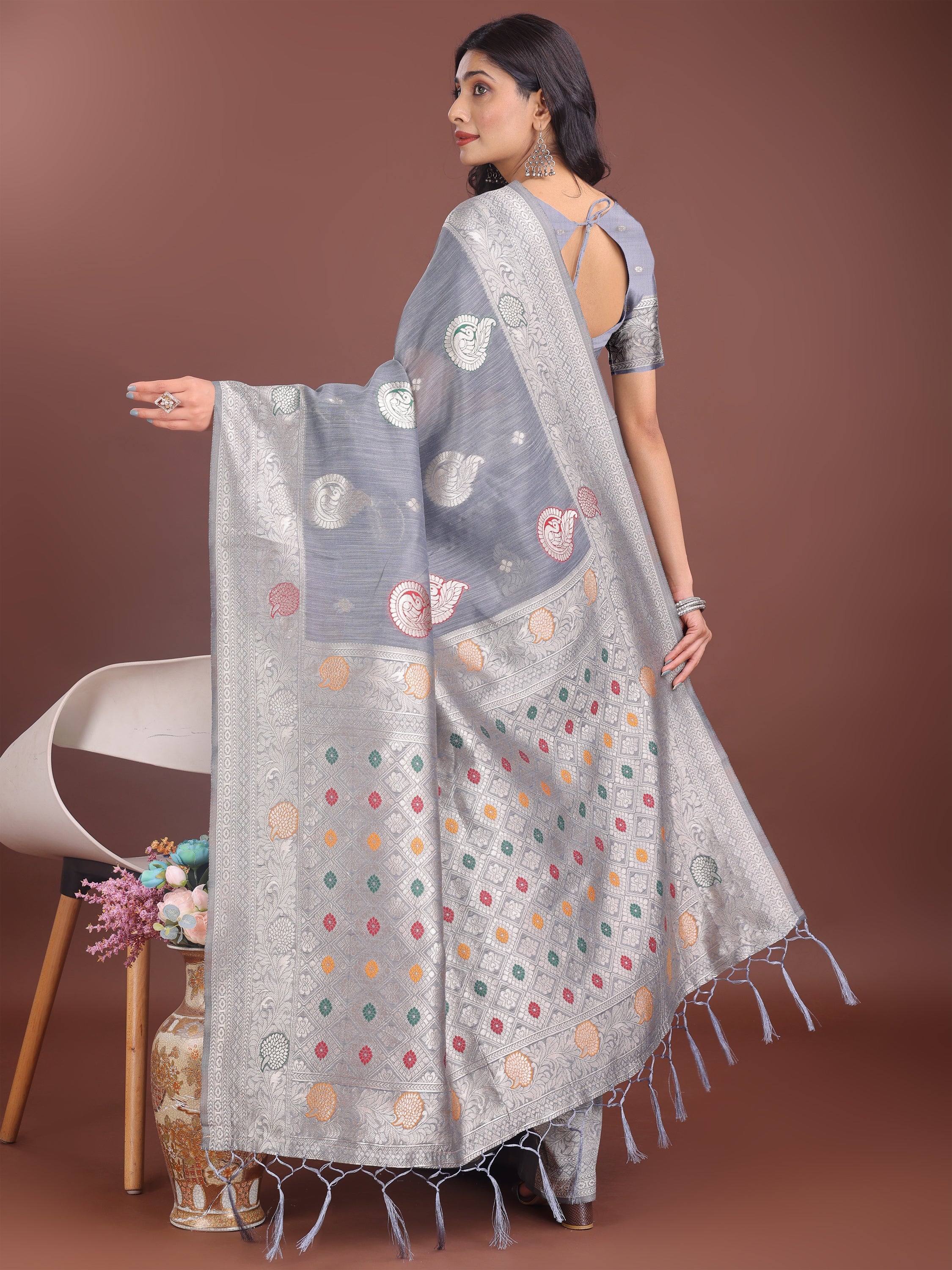 Anaita Grey Linen Cotton With Jacquard Work And Zari Weaving Saree With Blouse