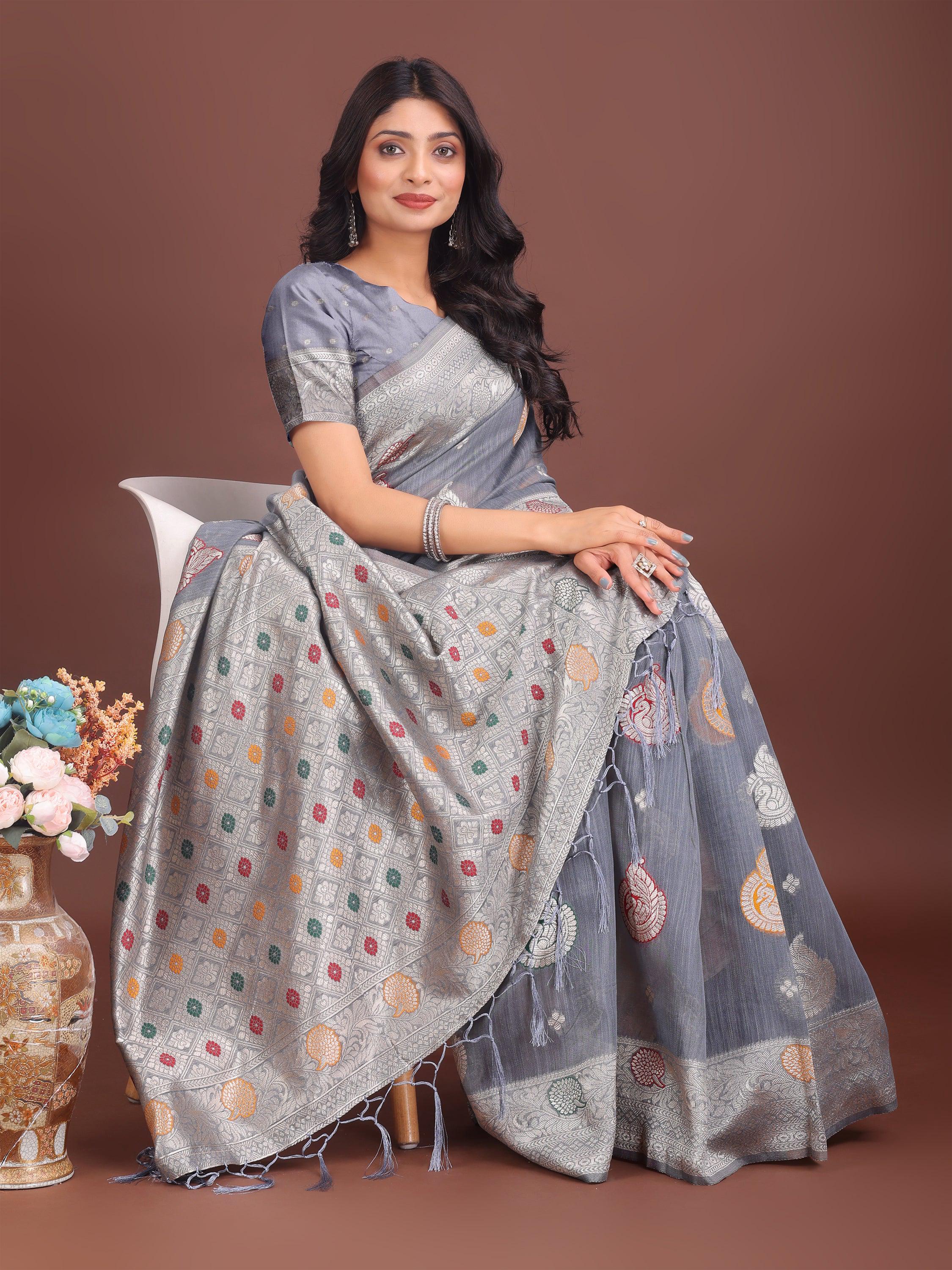Anaita Grey Linen Cotton With Jacquard Work And Zari Weaving Saree With Blouse
