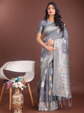 Anaita Grey Linen Cotton With Jacquard Work And Zari Weaving Saree With Blouse