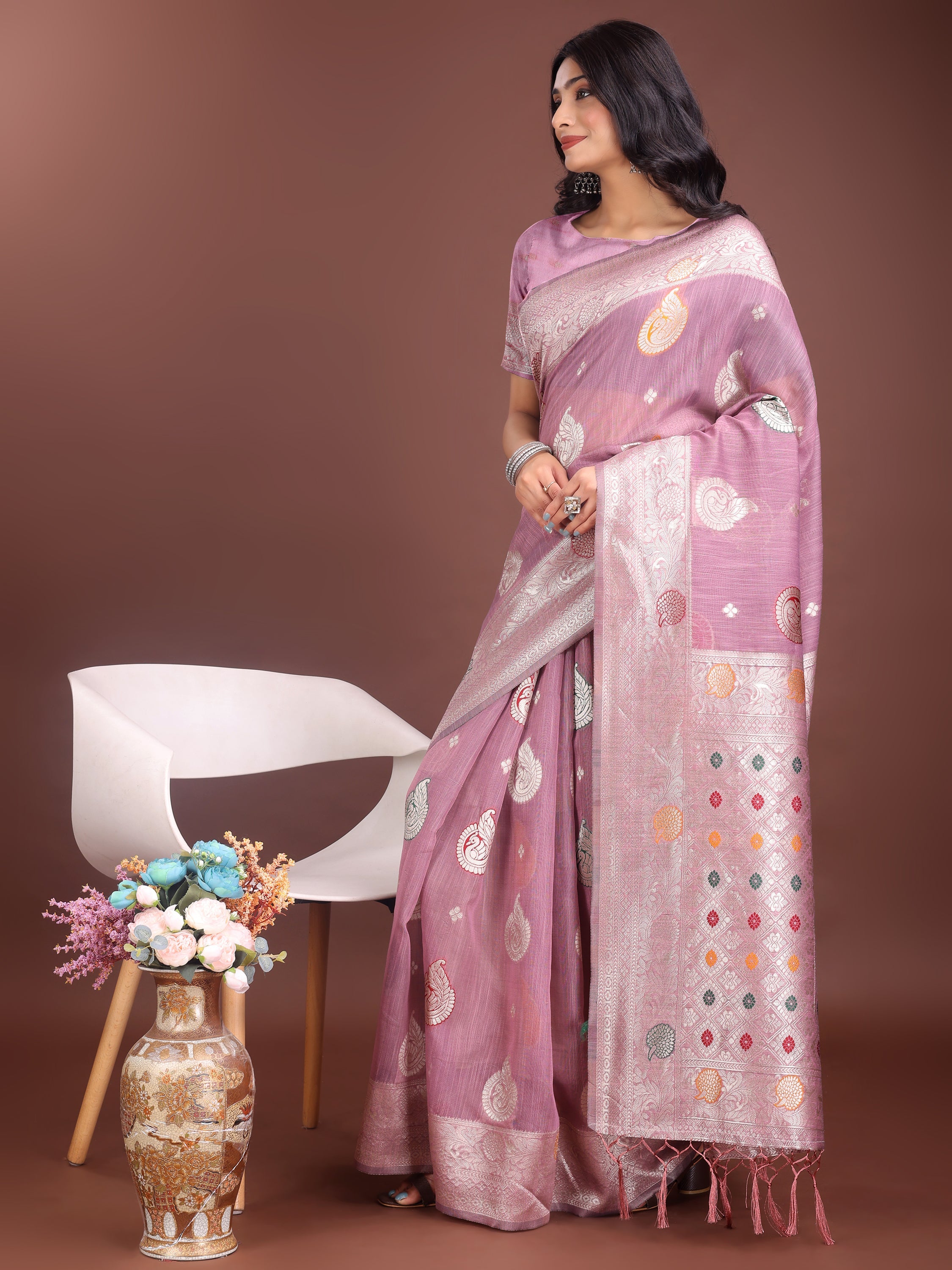 Anaita Purple Linen Cotton With Jacquard Work And Zari Weaving Saree With Blouse