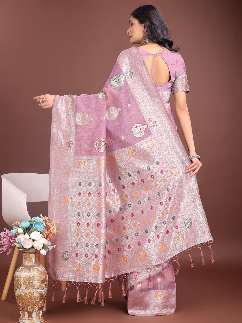 Anaita Purple Linen Cotton With Jacquard Work And Zari Weaving Saree With Blouse
