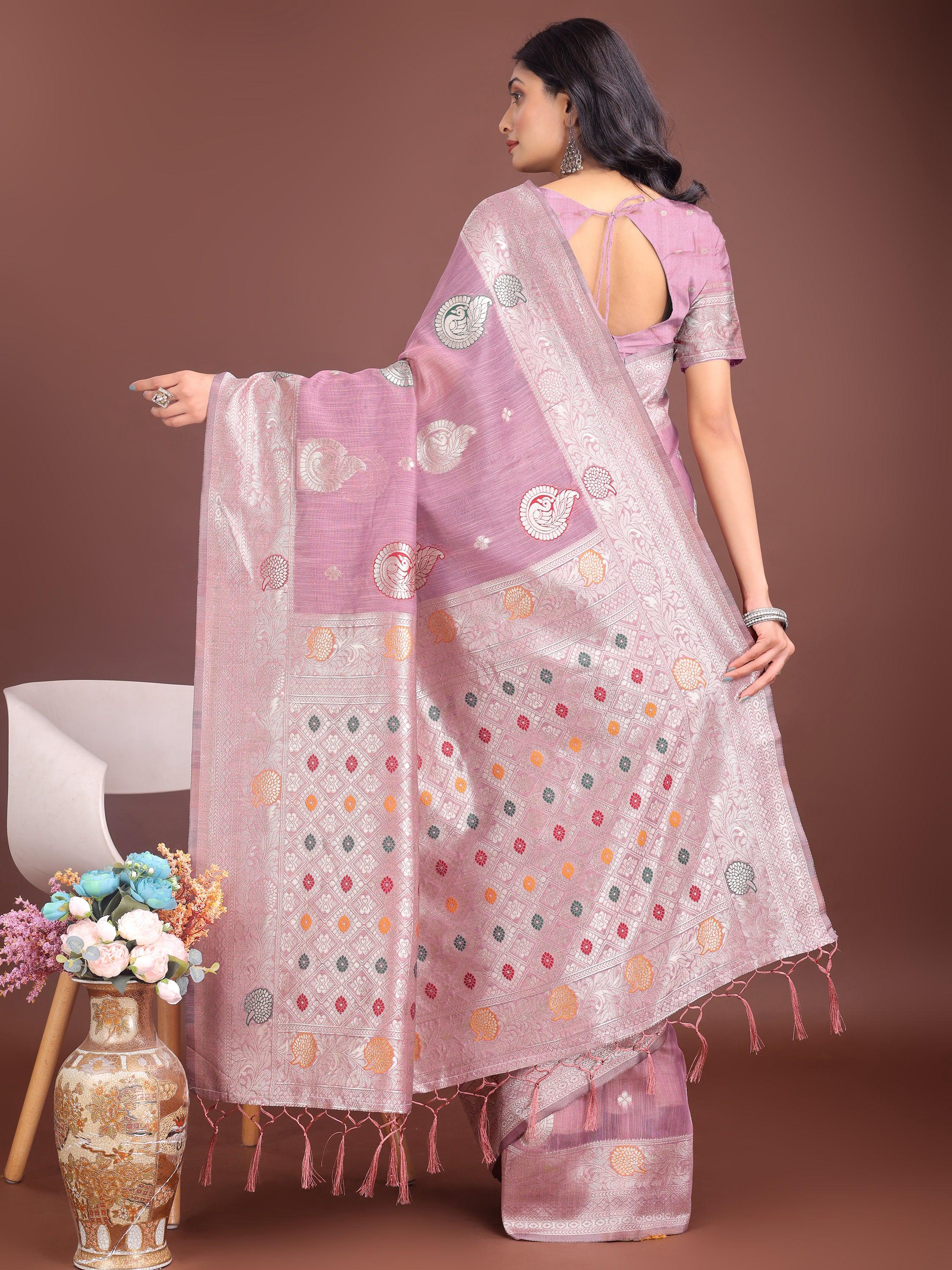 Anaita Purple Linen Cotton With Jacquard Work And Zari Weaving Saree With Blouse