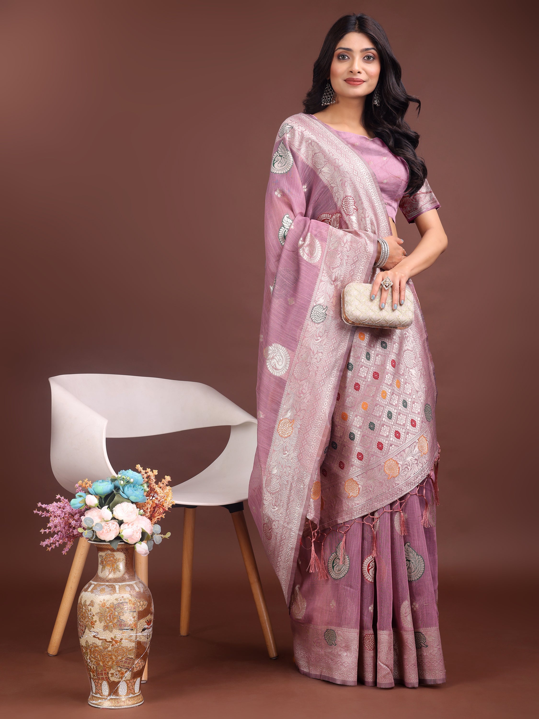 Anaita Purple Linen Cotton With Jacquard Work And Zari Weaving Saree With Blouse