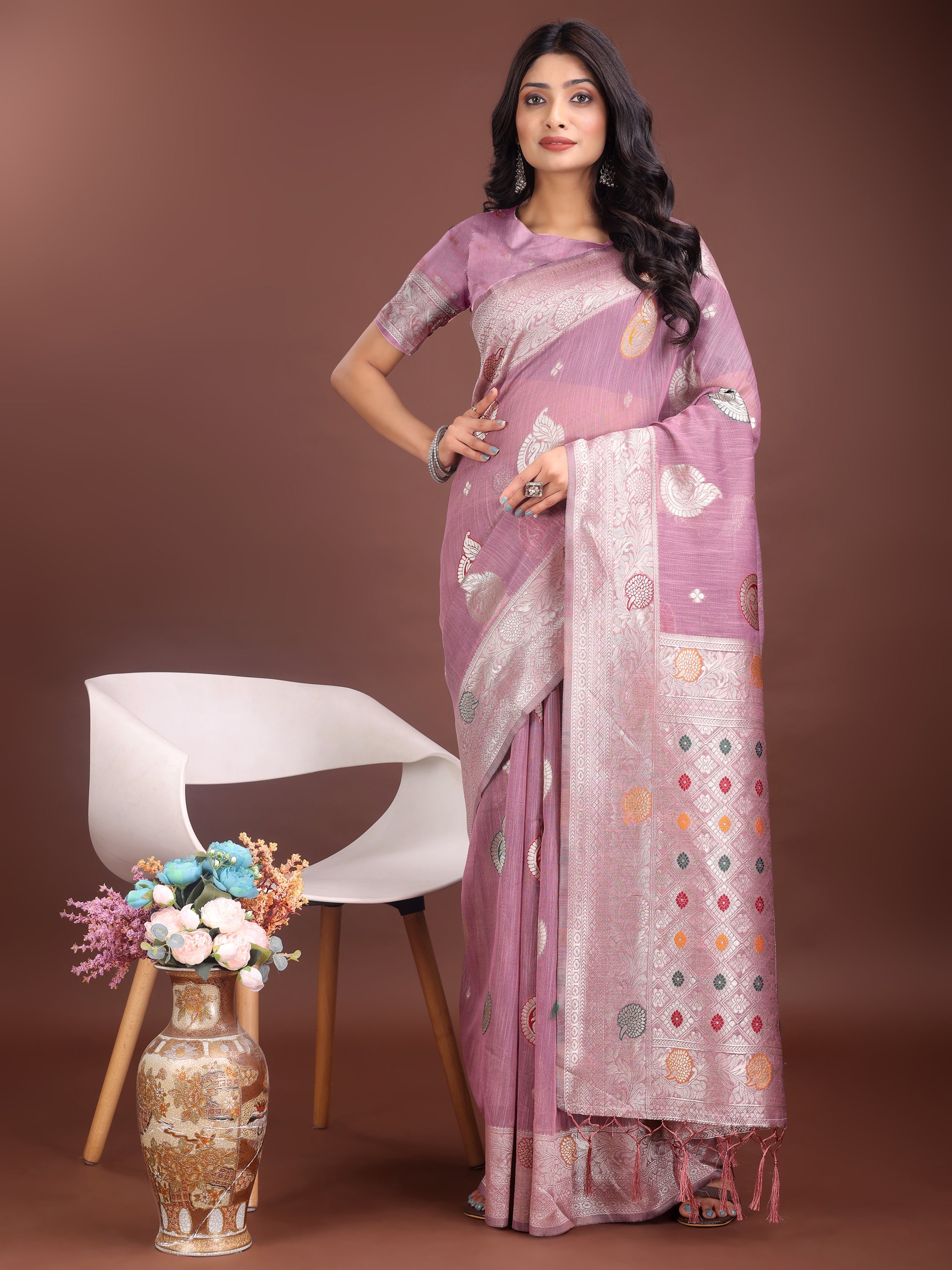 Anaita Purple Linen Cotton With Jacquard Work And Zari Weaving Saree With Blouse