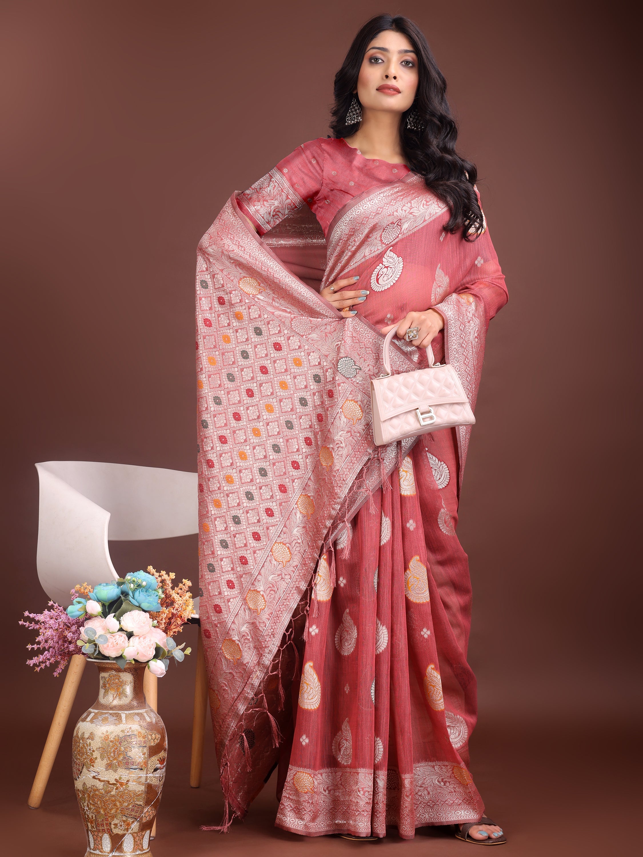 Anaita Pink Linen Cotton With Jacquard Work And Zari Weaving Saree With Blouse