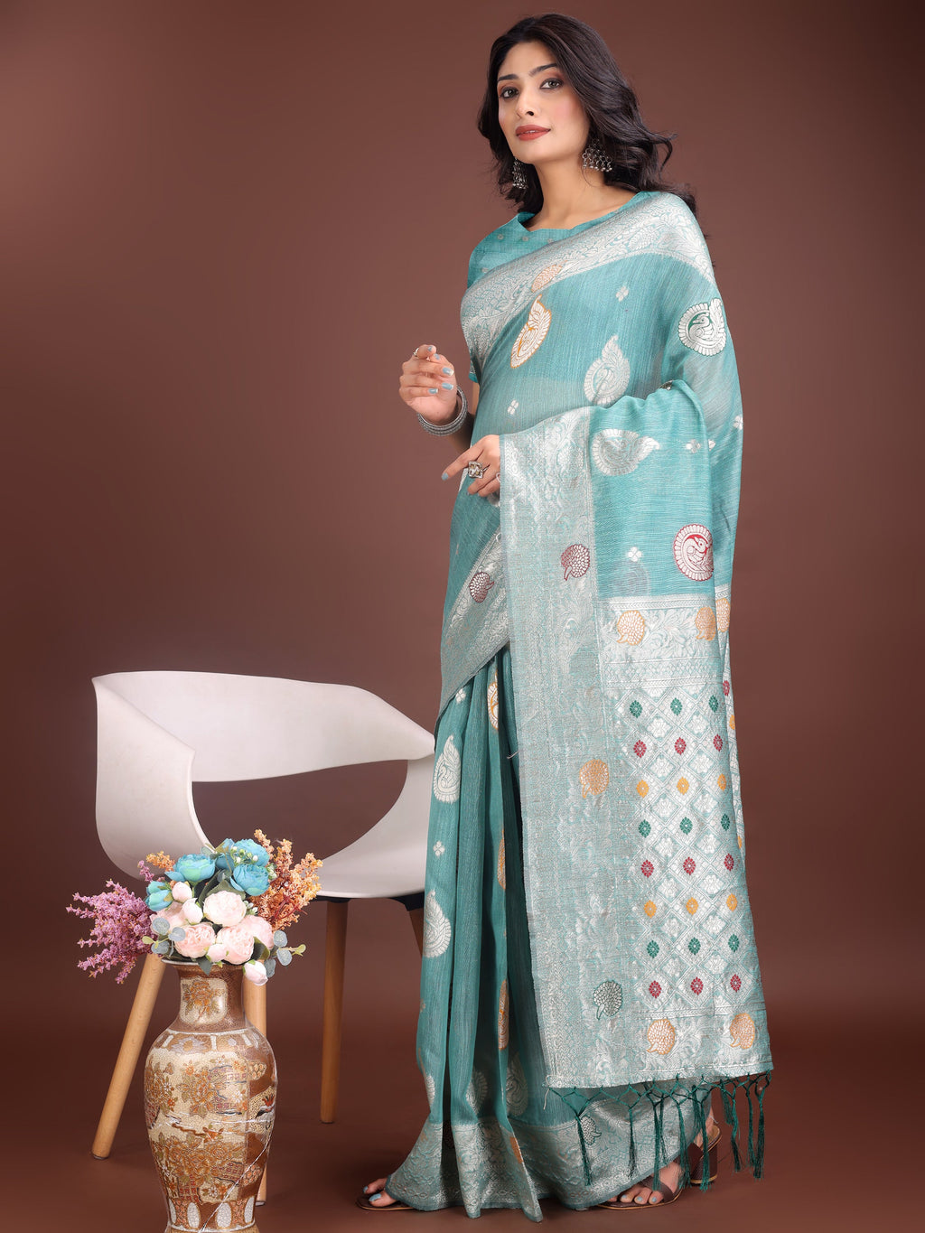 Anaita Sea Green Linen Cotton With Jacquard Work And Zari Weaving Saree With Blouse