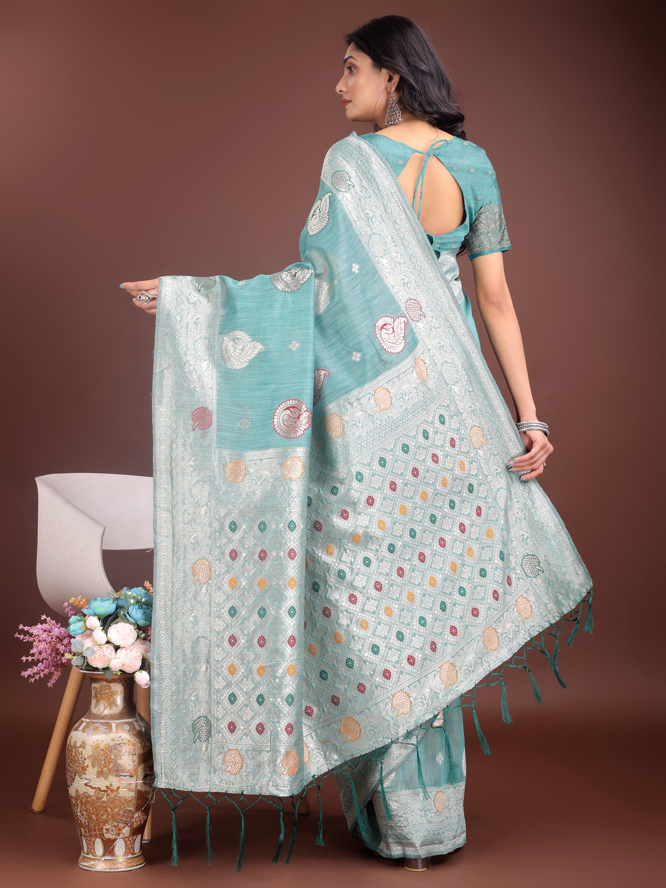 Anaita Sea Green Linen Cotton With Jacquard Work And Zari Weaving Saree With Blouse