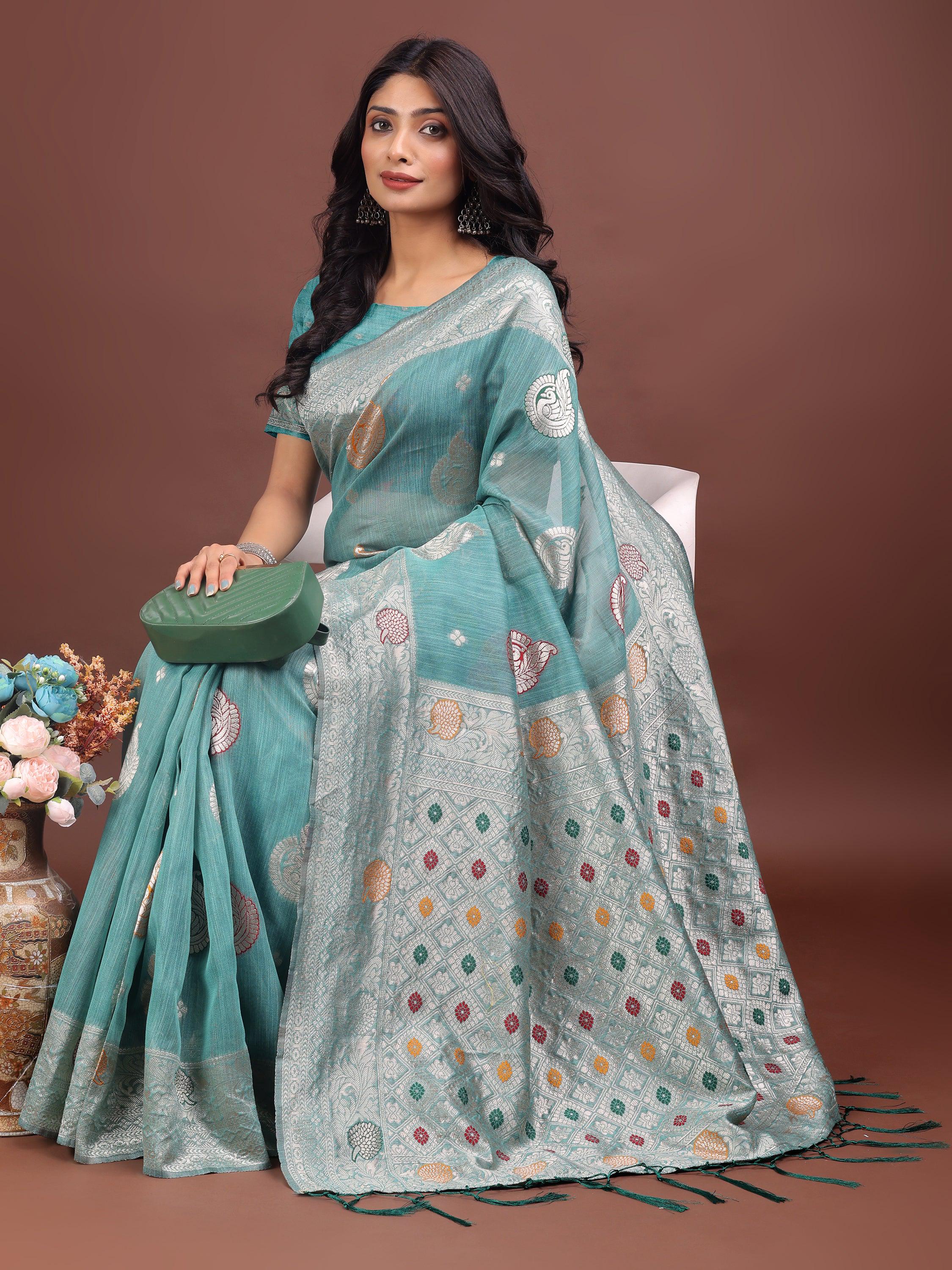 Anaita Sea Green Linen Cotton With Jacquard Work And Zari Weaving Saree With Blouse