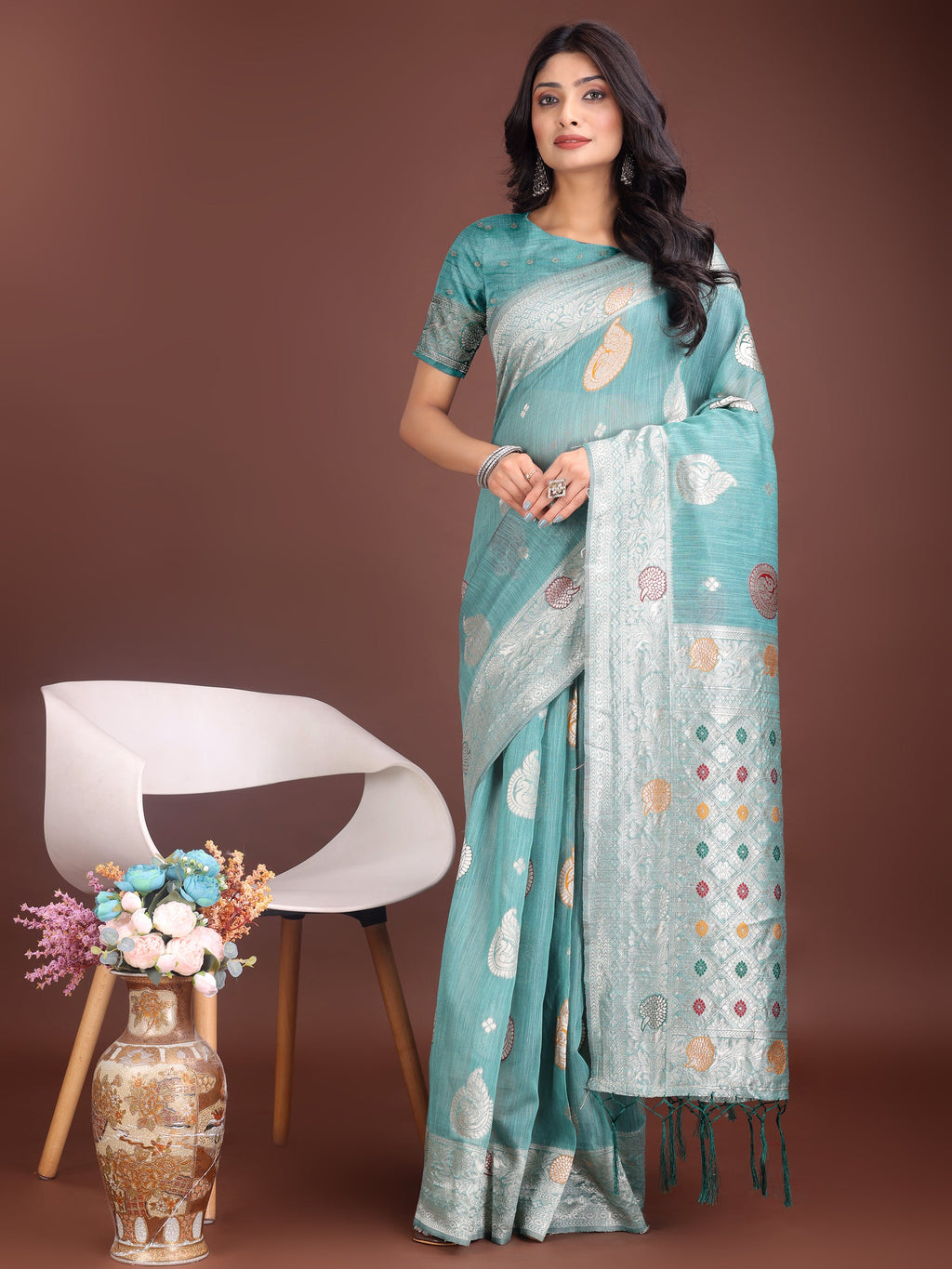 Anaita Sea Green Linen Cotton With Jacquard Work And Zari Weaving Saree With Blouse