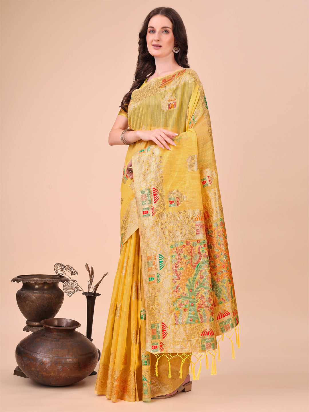 Anaita Yellow Linen Cotton With Jacquard Work And Zari Weaving Saree With Blouse