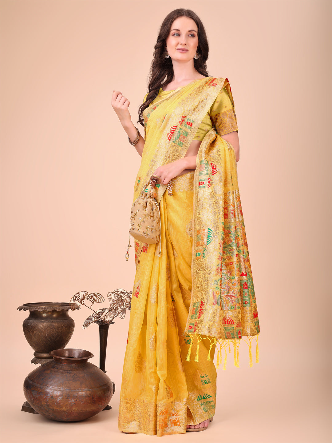 Anaita Yellow Linen Cotton With Jacquard Work And Zari Weaving Saree With Blouse