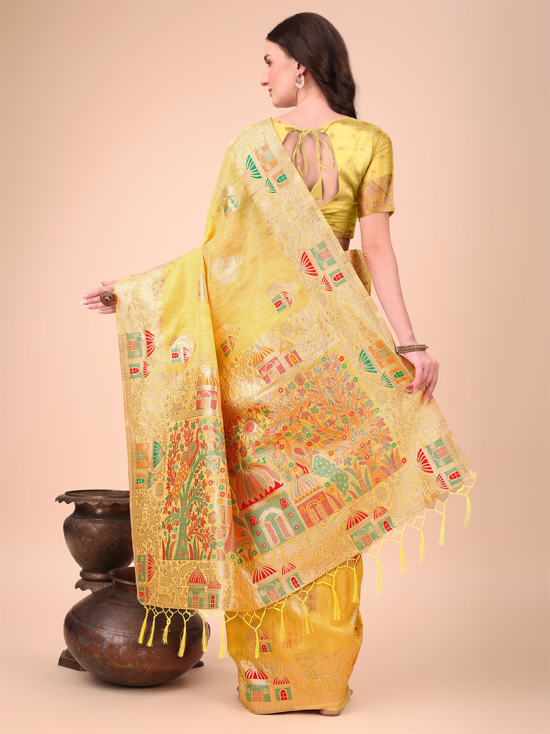 Anaita Yellow Linen Cotton With Jacquard Work And Zari Weaving Saree With Blouse