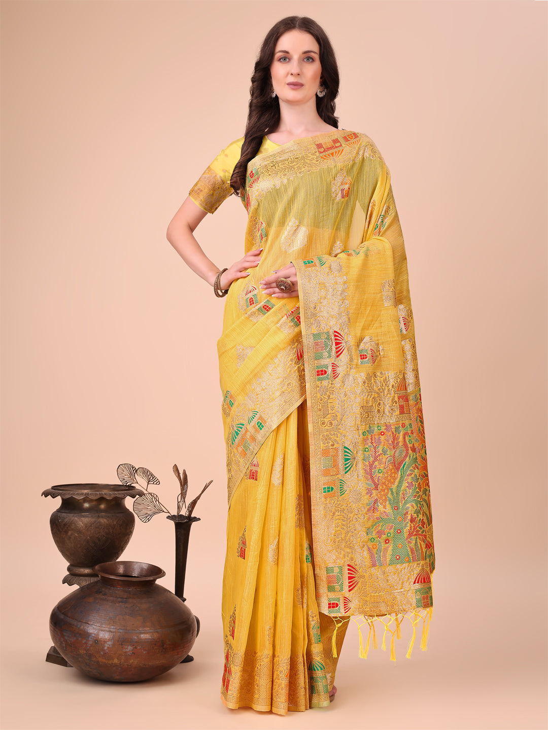 Anaita Yellow Linen Cotton With Jacquard Work And Zari Weaving Saree With Blouse