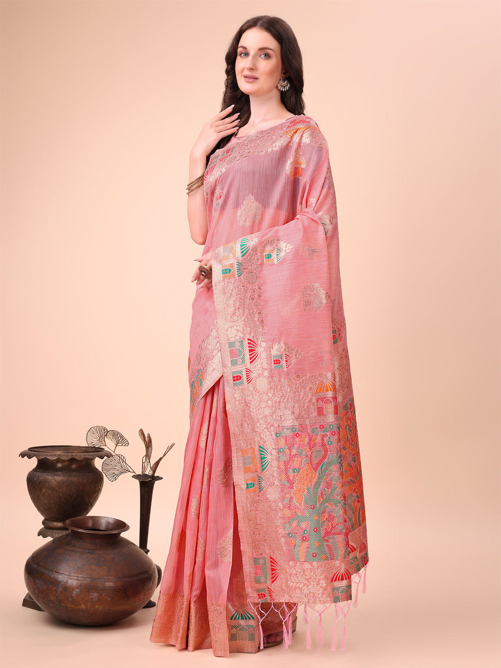 Anaita Pink Linen Cotton With Jacquard Work And Zari Weaving Saree With Blouse