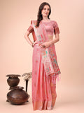 Anaita Pink Linen Cotton With Jacquard Work And Zari Weaving Saree With Blouse