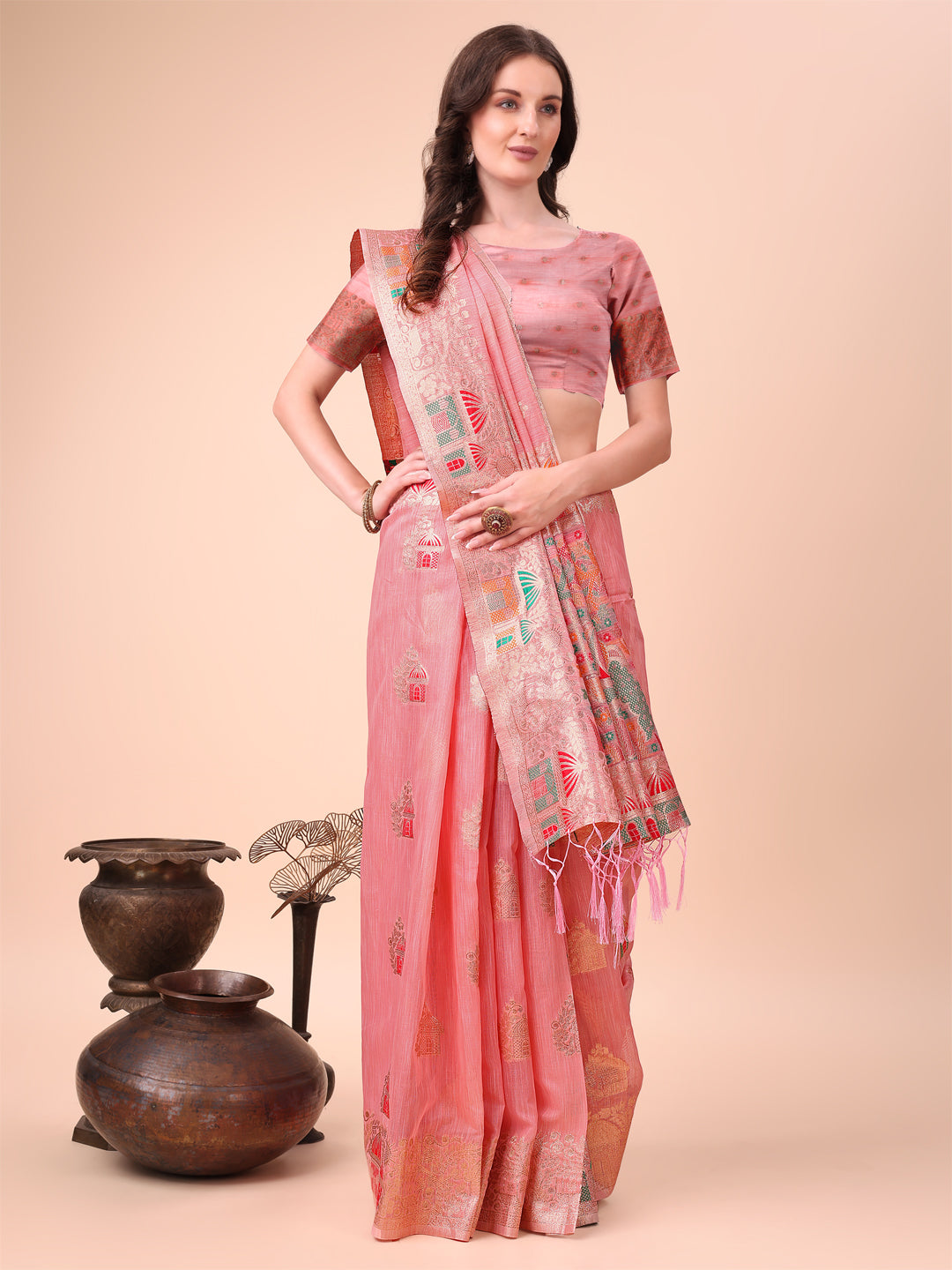Anaita Pink Linen Cotton With Jacquard Work And Zari Weaving Saree With Blouse