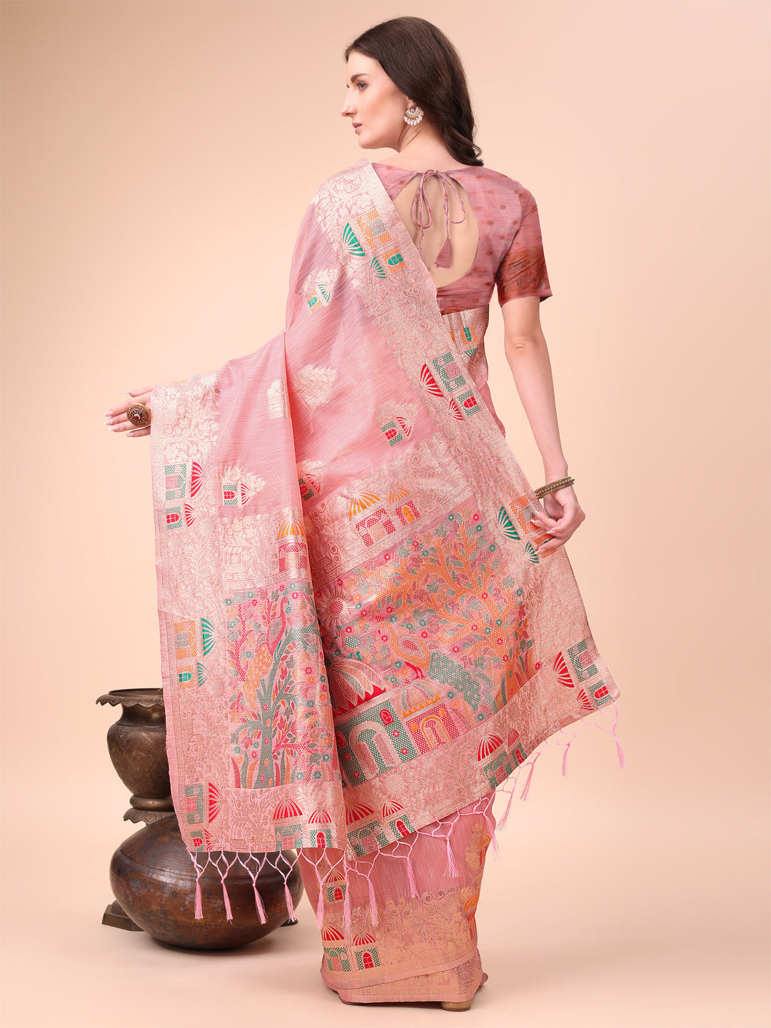 Anaita Pink Linen Cotton With Jacquard Work And Zari Weaving Saree With Blouse