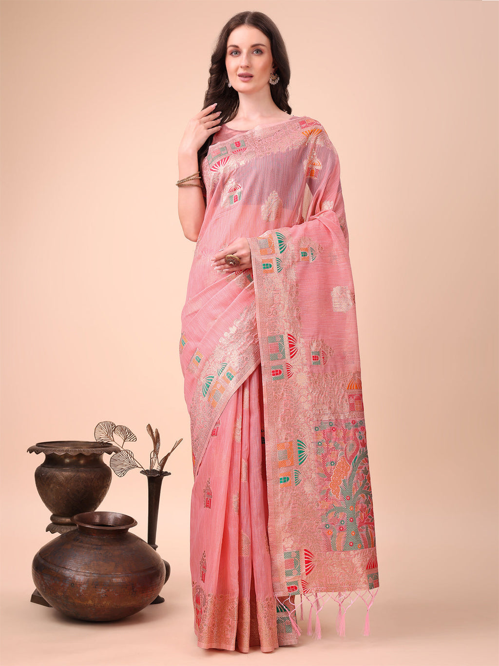 Anaita Pink Linen Cotton With Jacquard Work And Zari Weaving Saree With Blouse