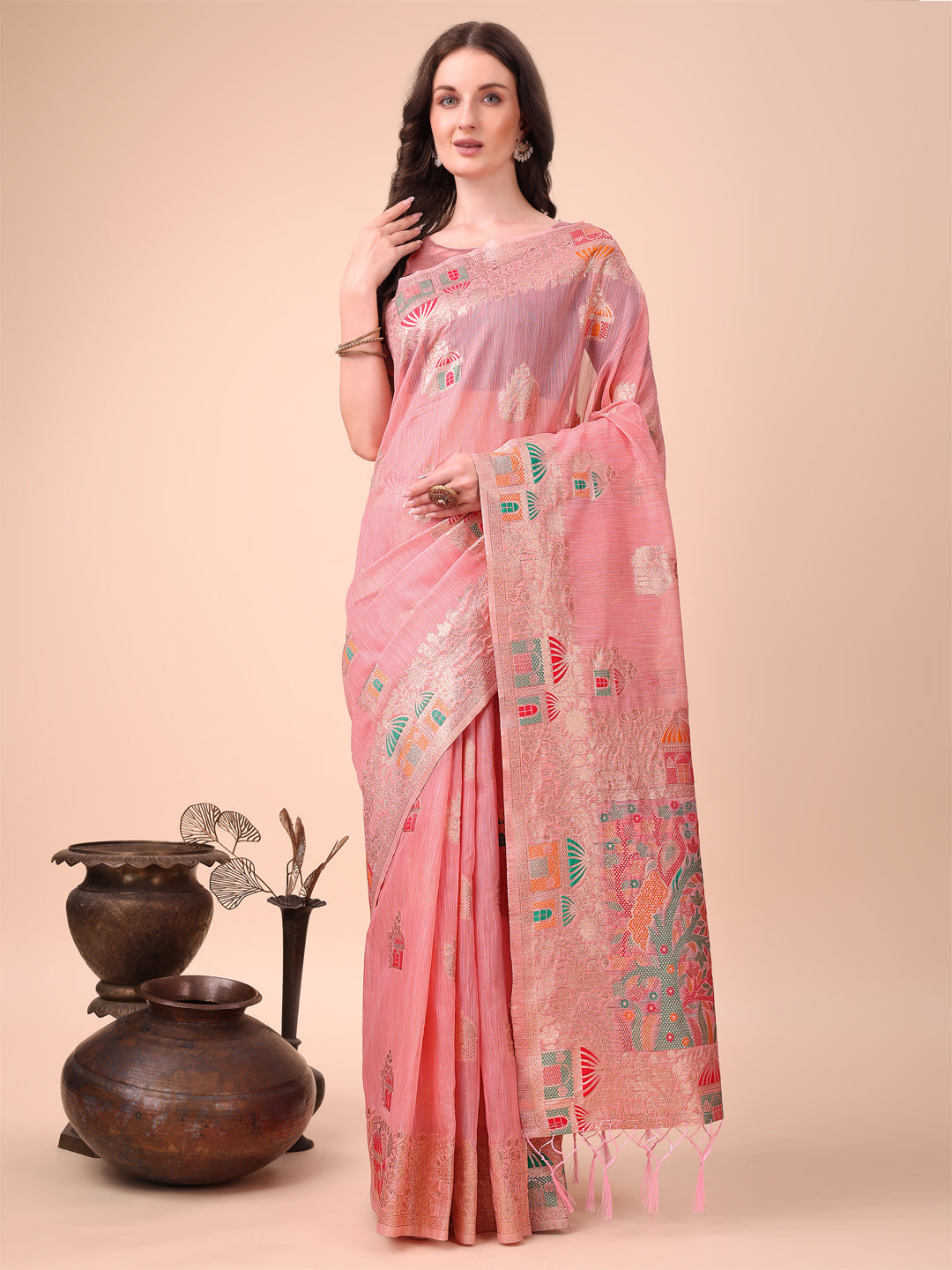 Anaita Pink Linen Cotton With Jacquard Work And Zari Weaving Saree With Blouse