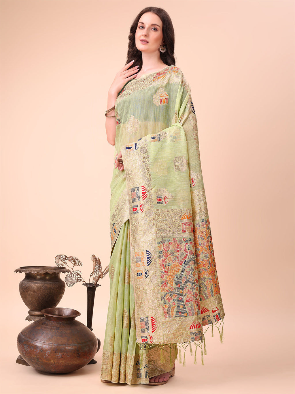 Anaita Light Green Linen Cotton With Jacquard Work And Zari Weaving Saree With Blouse