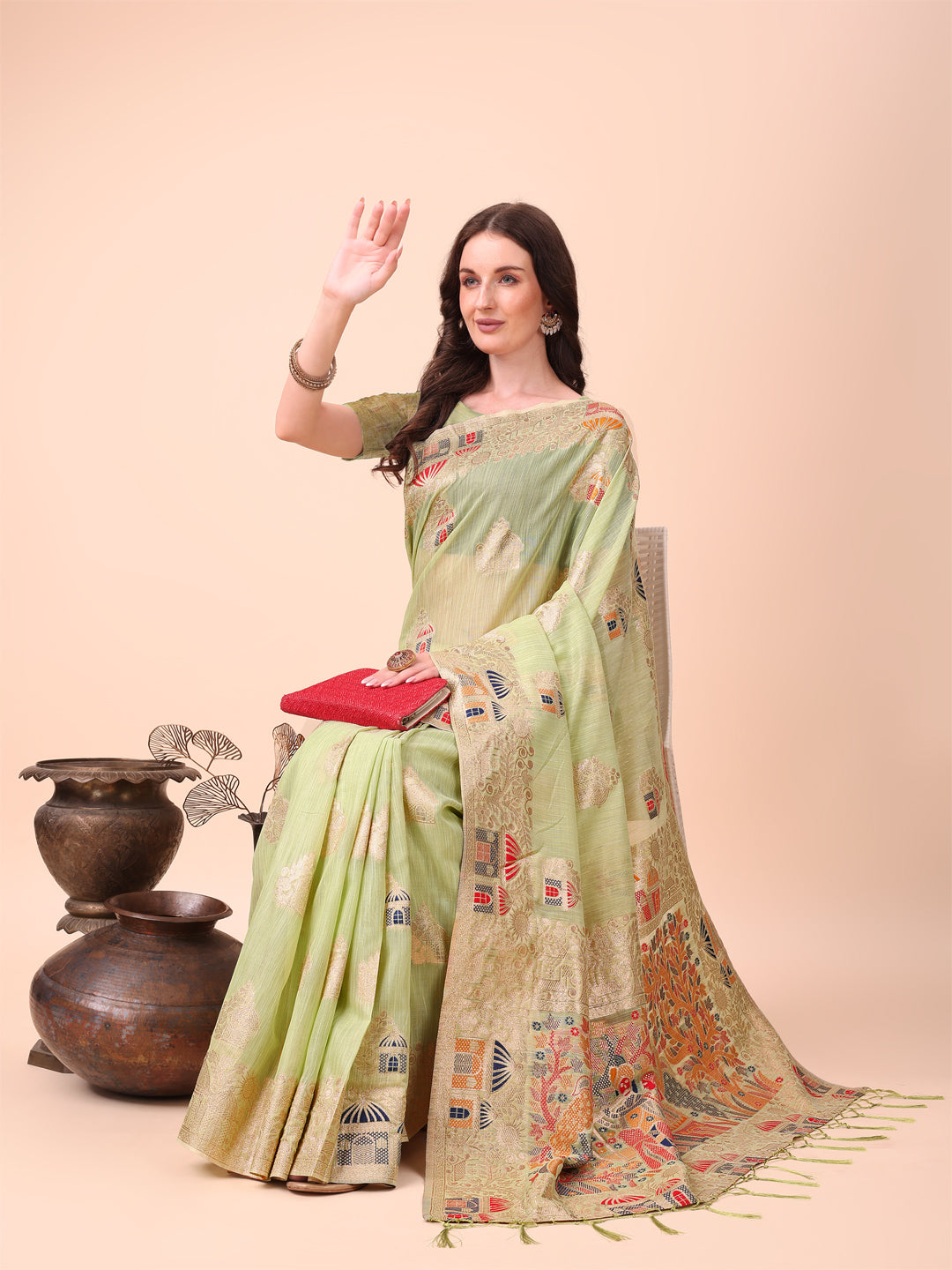 Anaita Light Green Linen Cotton With Jacquard Work And Zari Weaving Saree With Blouse