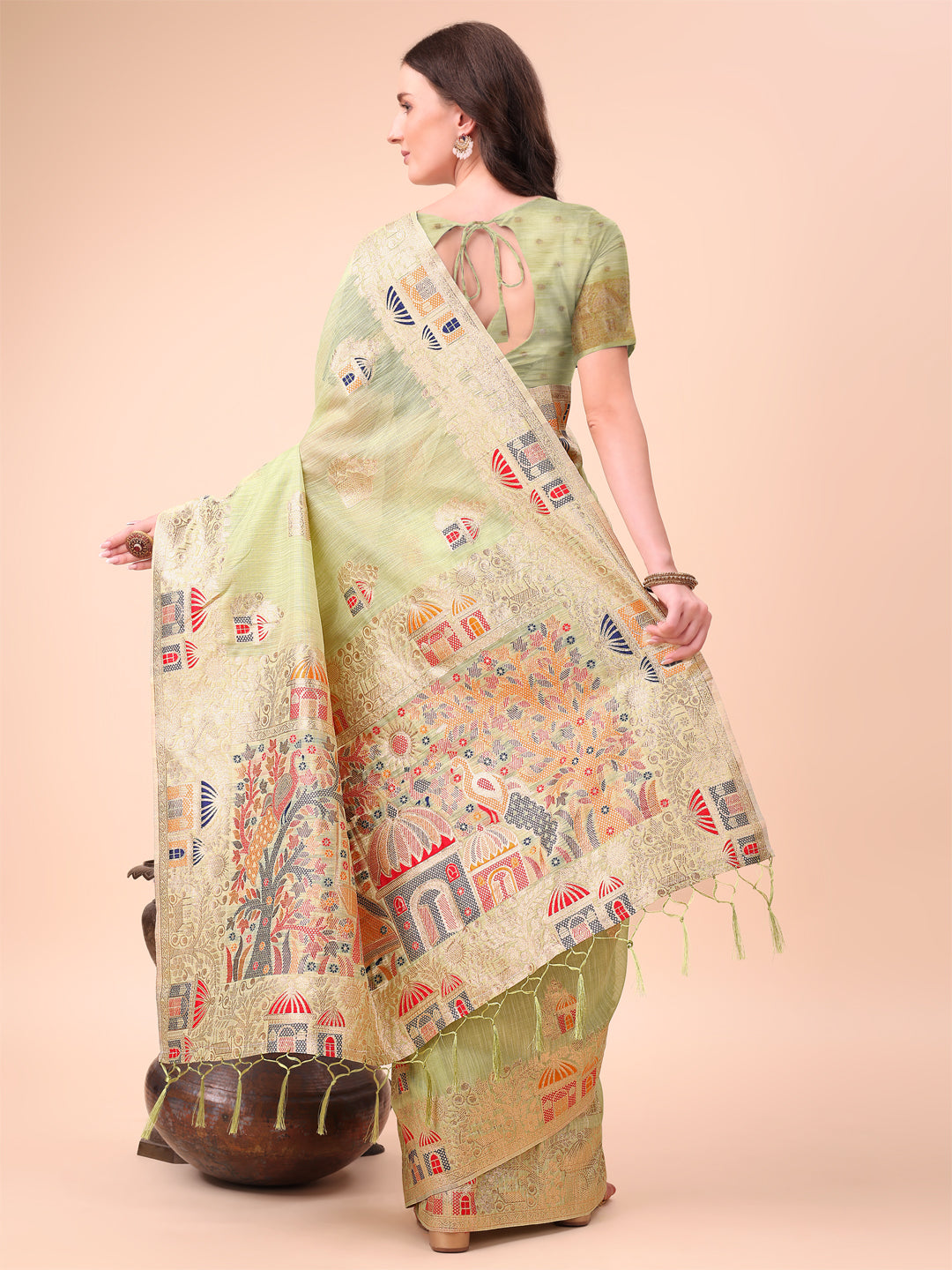 Anaita Light Green Linen Cotton With Jacquard Work And Zari Weaving Saree With Blouse