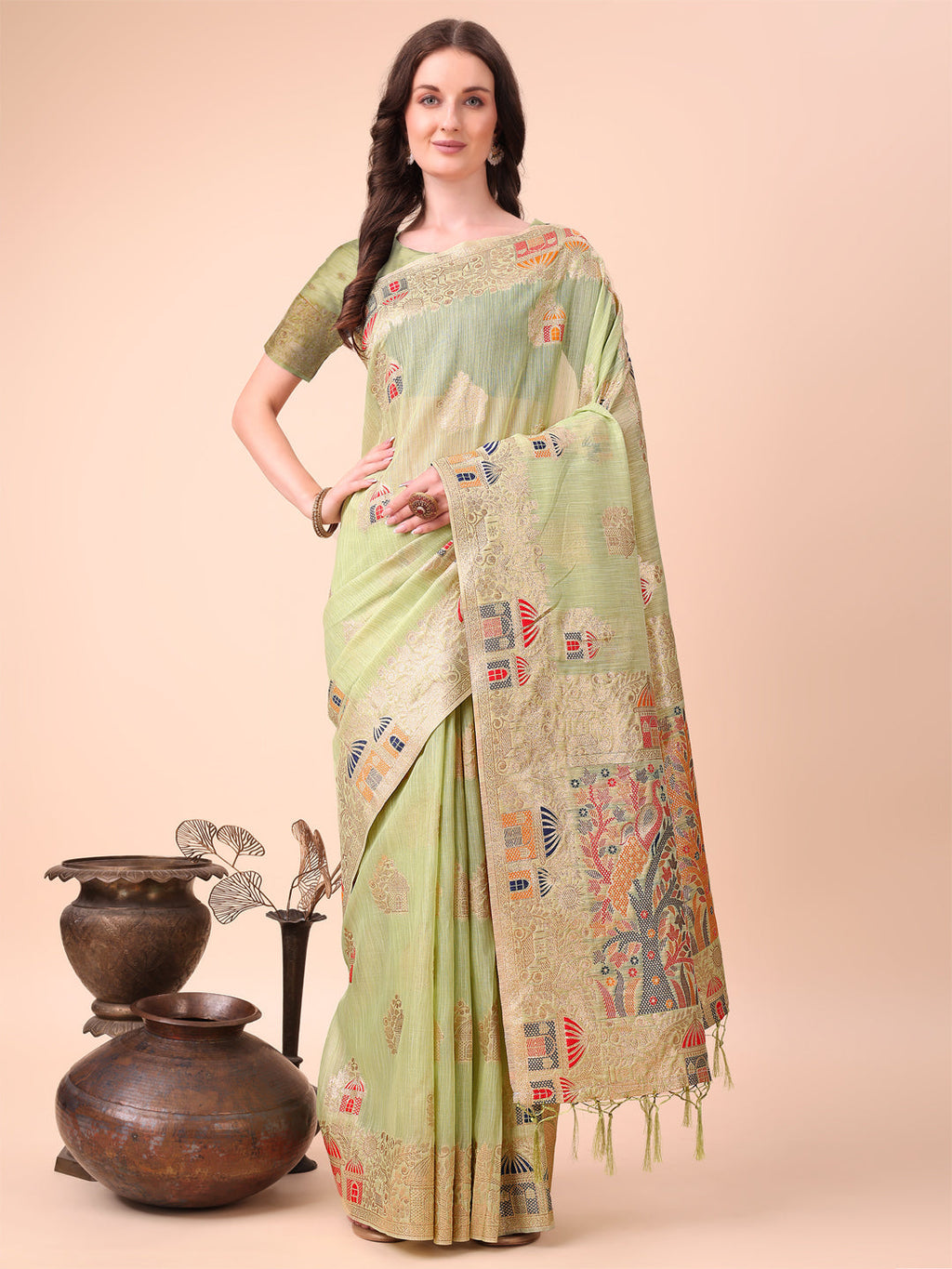 Anaita Light Green Linen Cotton With Jacquard Work And Zari Weaving Saree With Blouse