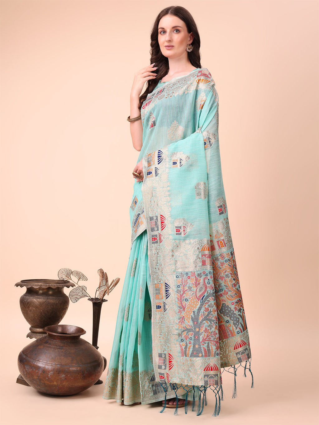 Anaita Sky Blue Linen Cotton With Jacquard Work And Zari Weaving Saree With Blouse