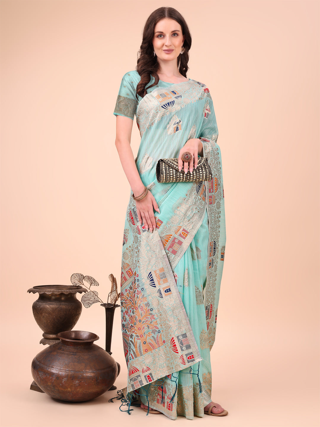 Anaita Sky Blue Linen Cotton With Jacquard Work And Zari Weaving Saree With Blouse