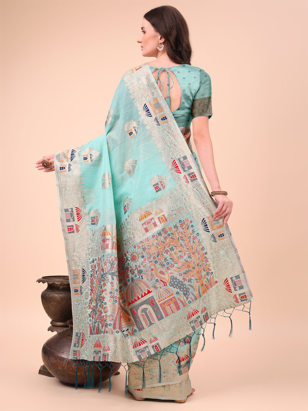 Anaita Sky Blue Linen Cotton With Jacquard Work And Zari Weaving Saree With Blouse